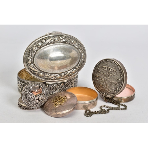 88 - FOUR VARIOUS WHITE METAL/SILVER BOXES, comprising an oval box with hinged lid, stamped 800 to the ba... 