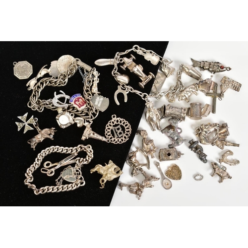 90 - A SMALL SELECTION OF CHARM BRACELETS AND CHARMS, to include a charm bracelet with heart clasp and sa... 