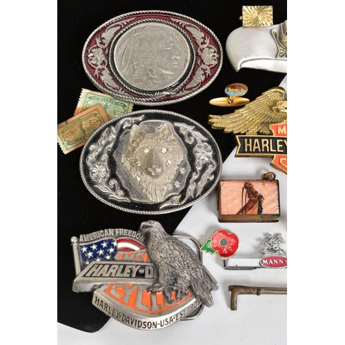 91 - A SELECTION OF ITEMS, to include eight belt buckles in forms such as Harley Davidson motor cycles, t... 