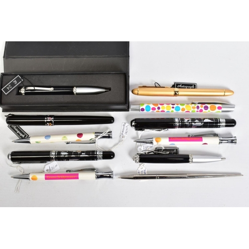 92 - A SELECTION OF PENS, to include a black fountain pen with a picture of a map, with matching ballpoin... 