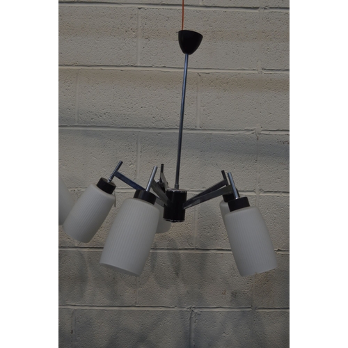 1326 - A SET OF THREE 1970'S MODERNIST ITALIAN STYLE FIVE BRANCH CEILING LIGHTS, with a chrome frame and sh... 