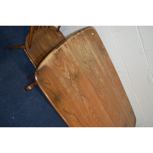 1329 - AN ERCOL GOLDEN DAWN ELM REFECTORY TABLE, width 153cm x depth 85cm x height 73cm and five high spind... 