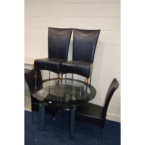 1331 - A MODERN GLASS TOPPED CIRCULAR DINING TABLE, on chrome legs, diameter 110cm x height 76cm and four c... 