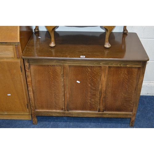 1332 - A MID 20TH CENTURY OAK FALL FRONT BUREAU, an oak blanket chest, walnut china cabinet, oak cased Sing... 