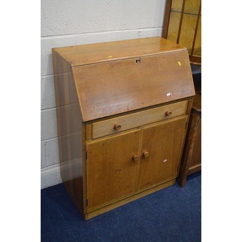 1332 - A MID 20TH CENTURY OAK FALL FRONT BUREAU, an oak blanket chest, walnut china cabinet, oak cased Sing... 