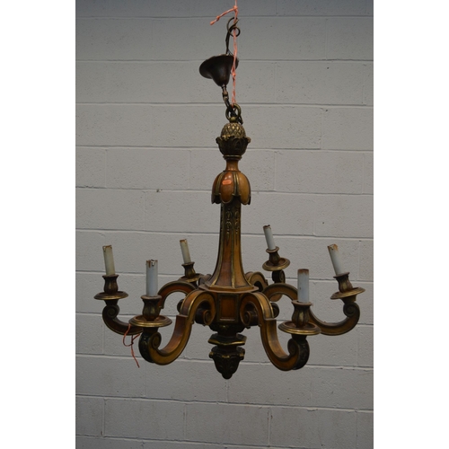 1333 - A 20TH CENTURY GILT AND STAINED WOOD SIX BRANCH CHANDELIER, in the style of William Kent, diameter 8... 