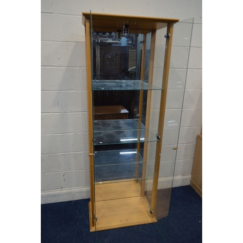 1334 - A MODERN BEECH TWO DOOR DISPLAY CABINET, with three glass shelves, with a single light, width 70cm x... 