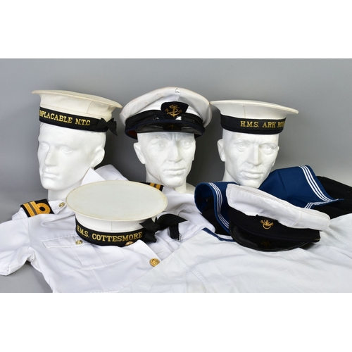 150 - FIVE ITEMS OF ROYAL NAVY JACKETS, smocks etc, one womans and five Royal Navy items of headwear, all ... 