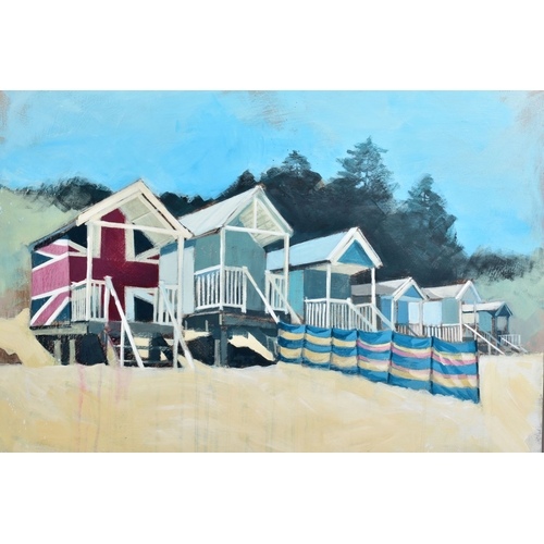 328 - CAMILLA DOWSE (BRITISH 1968) 'THE WINDBREAKER II', beach huts on a sandy beach, signed bottom right,... 