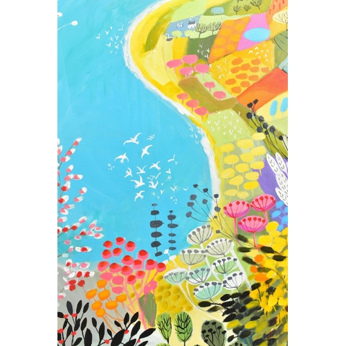 329 - NATALIE RYMER (BRITISH CONTEMPORARY) 'BIRDSEYE VIEW' a colourful coastal landscape, initialled botto... 