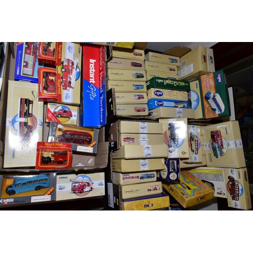 673 - THREE BOXES OF BOXED DIECAST VEHICLES, the boxed vehicles mostly Corgi, including Classic Commercial... 