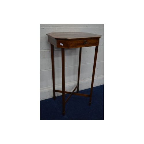 1227 - AN EDWARDIAN MAHOGANY AND SATINWOOD BANDED RECTANGULAR WORK SEWING TABLE with canted corners, the li... 