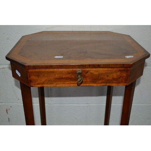 1227 - AN EDWARDIAN MAHOGANY AND SATINWOOD BANDED RECTANGULAR WORK SEWING TABLE with canted corners, the li... 