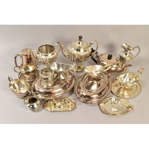 123 - A BOX OF SILVER PLATE, etc, including a pair of oval entree dishes and covers, various sauce boats, ... 