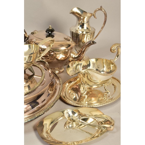 123 - A BOX OF SILVER PLATE, etc, including a pair of oval entree dishes and covers, various sauce boats, ... 