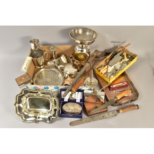 124 - A BOX OF SILVERPLATE, TWO NORWEGIAN SILVER SPOONS etc, to include a leather cased sandwich box (pers... 