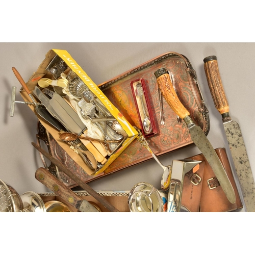 124 - A BOX OF SILVERPLATE, TWO NORWEGIAN SILVER SPOONS etc, to include a leather cased sandwich box (pers... 