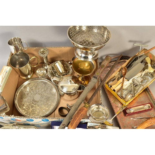 124 - A BOX OF SILVERPLATE, TWO NORWEGIAN SILVER SPOONS etc, to include a leather cased sandwich box (pers... 