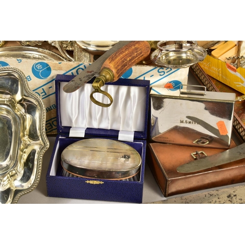 124 - A BOX OF SILVERPLATE, TWO NORWEGIAN SILVER SPOONS etc, to include a leather cased sandwich box (pers... 