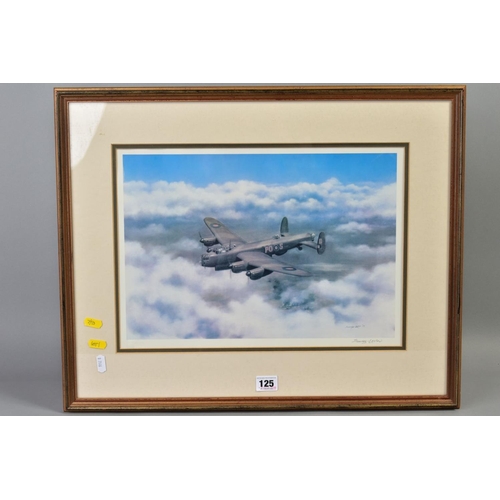 125 - A GLAZED FRAMED PRINT, approximately 57cm x 47cm of a WWII era Lancaster Bomber, originally painted ... 