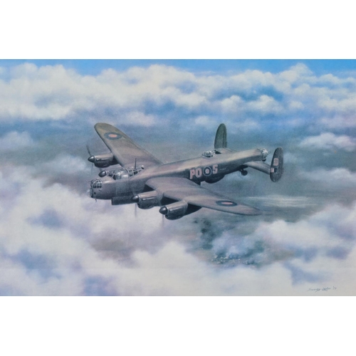 125 - A GLAZED FRAMED PRINT, approximately 57cm x 47cm of a WWII era Lancaster Bomber, originally painted ... 