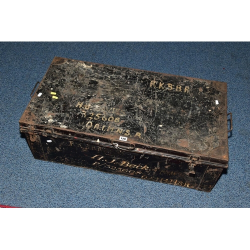 128 - A LARGE TIN TRUNK, approximately 88cm x 29cm x 46cm, black in colour with the following painted on P... 