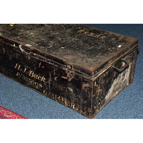 128 - A LARGE TIN TRUNK, approximately 88cm x 29cm x 46cm, black in colour with the following painted on P... 