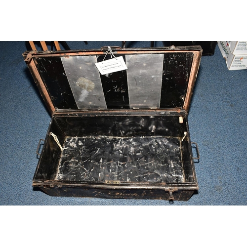 128 - A LARGE TIN TRUNK, approximately 88cm x 29cm x 46cm, black in colour with the following painted on P... 