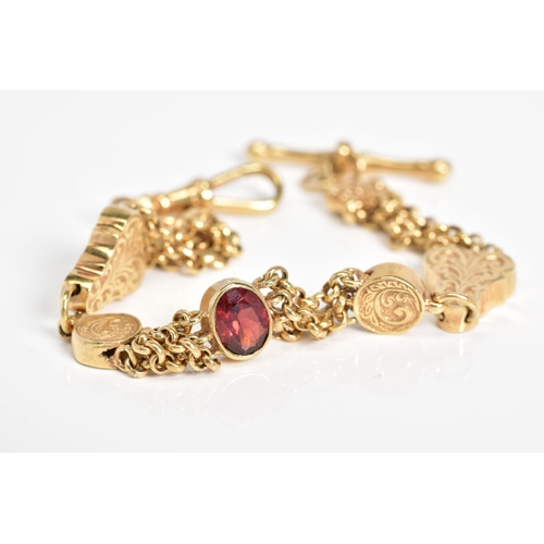 13 - A 9CT GOLD ALBERTINA CHAIN, designed with a central oval cut garnet interspaced either side with mul... 