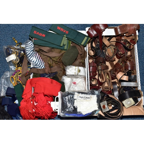 130 - TWO BOXES FULL OF MISCELLANEOUS MILITARY ITEMS, i.e leather belts, webbing cumberbands arm sleeve pa... 