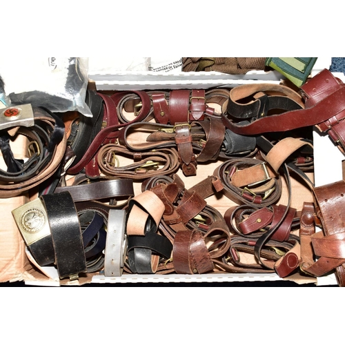 130 - TWO BOXES FULL OF MISCELLANEOUS MILITARY ITEMS, i.e leather belts, webbing cumberbands arm sleeve pa... 