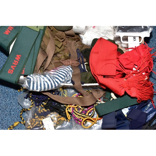 130 - TWO BOXES FULL OF MISCELLANEOUS MILITARY ITEMS, i.e leather belts, webbing cumberbands arm sleeve pa... 