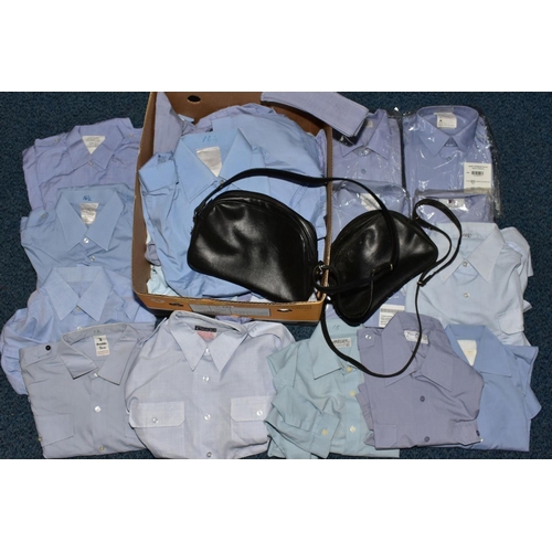 131 - A BOX OF FULL OF MAINLY WOMENS BLUE MILITARY STYLE SHIRTS AND BLOUSES, short and long sleeves, mainl... 