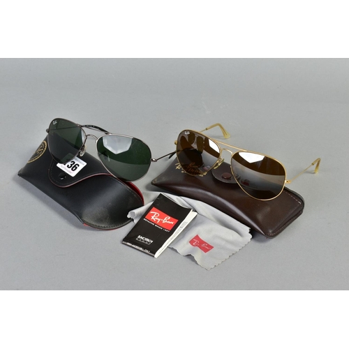 136 - TWO PAIRS OF RAY-BAN SUNGLASSES, both of aviator design, the first with a black frame and dark lense... 