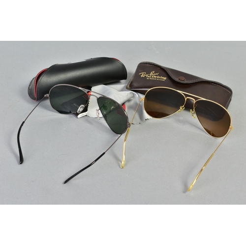 136 - TWO PAIRS OF RAY-BAN SUNGLASSES, both of aviator design, the first with a black frame and dark lense... 