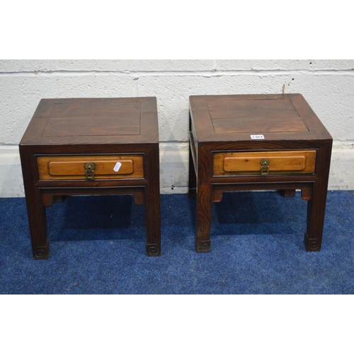 1364 - A PAIR OF 19TH CENTURY ORIENTAL HARDWOOD LAMP TABLES with a single drawer, 33cm square x height 33cm
