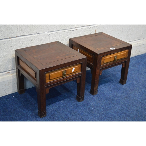 1364 - A PAIR OF 19TH CENTURY ORIENTAL HARDWOOD LAMP TABLES with a single drawer, 33cm square x height 33cm