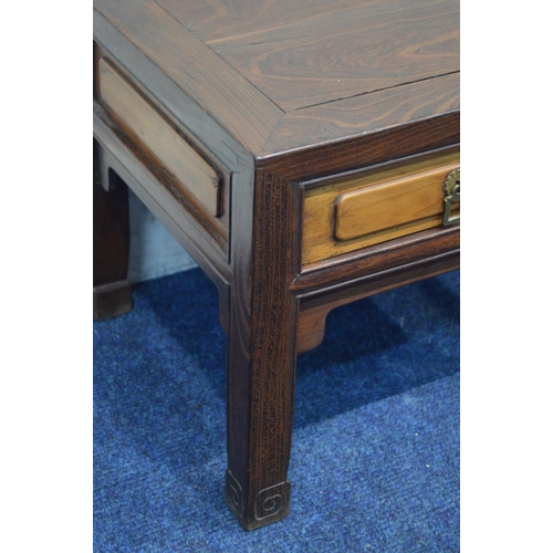 1364 - A PAIR OF 19TH CENTURY ORIENTAL HARDWOOD LAMP TABLES with a single drawer, 33cm square x height 33cm