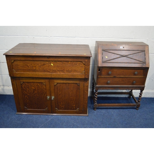 1367 - AN EARLY TO MID 20TH CENTURY OAK BUREAU with two drawers, width 74cm x depth 37cm x height 104cm tog... 