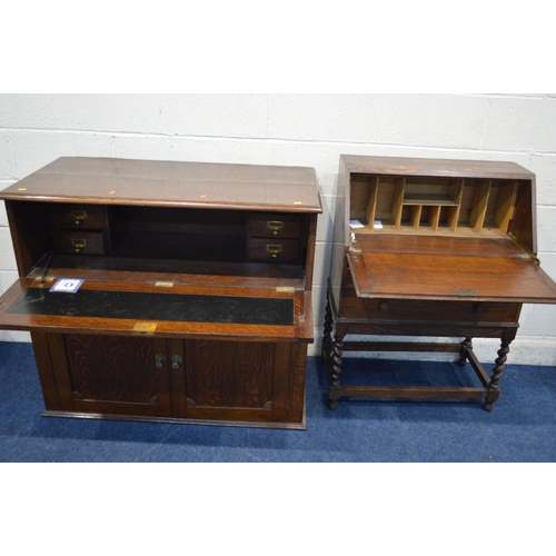1367 - AN EARLY TO MID 20TH CENTURY OAK BUREAU with two drawers, width 74cm x depth 37cm x height 104cm tog... 