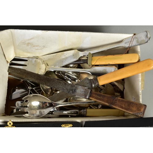 140 - A LARGE SELECTION OF FLATWARE AND CUTLERY, to include eleven white metal knives with imitation ivory... 