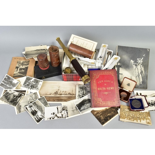 142 - A BOX CONTAINING VARIOUS ITEMS attributed to a A B Clark, a sailor in the Royal Navy prior to WWII, ... 