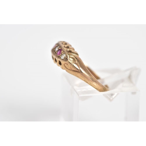 19 - AN EARLY 20TH CENTURY 9CT GOLD, RUBY AND DIAMOND BOAT RING, set with a central single cut diamond in... 