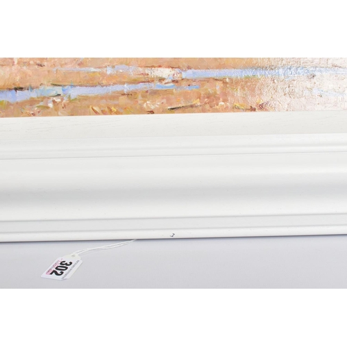 302 - HELIOS GISBERT (SPAIN 1958) 'ON THE BEACH', boats on the beach at low tide, oil on board, signed bot... 