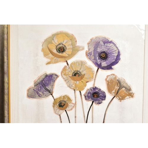 314 - CHLOE NUGENT (BRITISH CONTEMPORARY) 'BOLD BEAUTY III', purple and gold flowers, mixed media 3D artwo... 