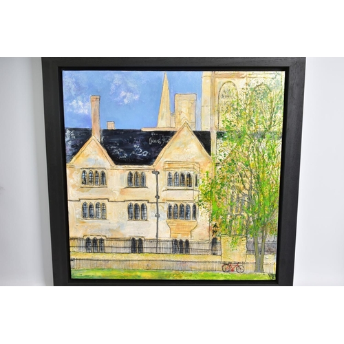 316 - KATHARINE DOVE (BRITISH CONTEMPORARY) 'ACROSS THE CRICKET GREEN', an Oxbridge College with bike agai... 