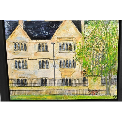 316 - KATHARINE DOVE (BRITISH CONTEMPORARY) 'ACROSS THE CRICKET GREEN', an Oxbridge College with bike agai... 