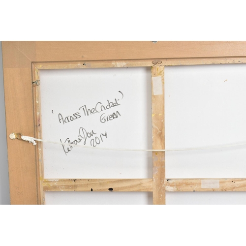 316 - KATHARINE DOVE (BRITISH CONTEMPORARY) 'ACROSS THE CRICKET GREEN', an Oxbridge College with bike agai... 