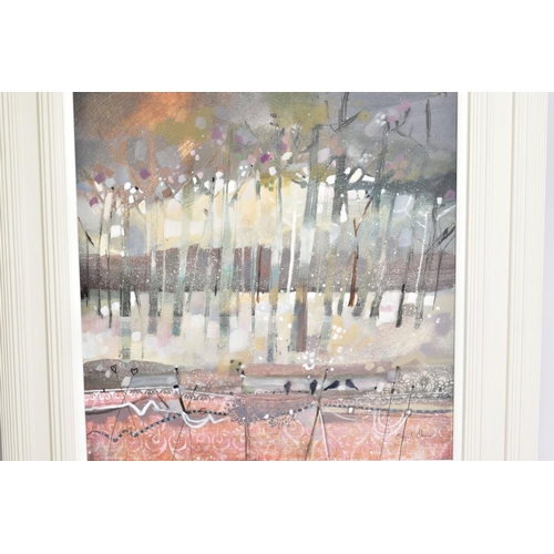 317 - EMMA S DAVIS R.S.W. P.A.I. (SCOTTISH 1975) 'WINTER TREES', an autumn landscape with birds on a fence... 