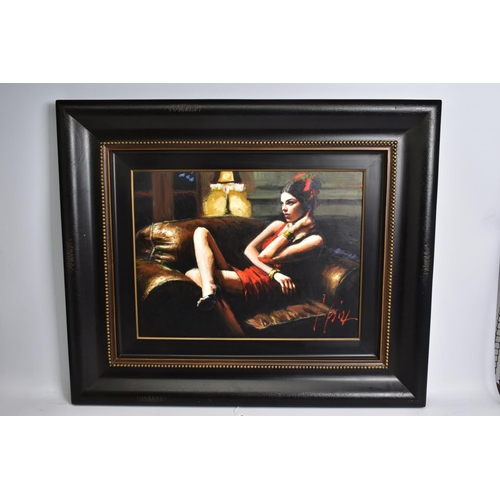 323 - FABIAN PEREZ (ARGENTINA 1967) 'LINDA IN RED III', a female figure relaxing in a leather armchair, si... 